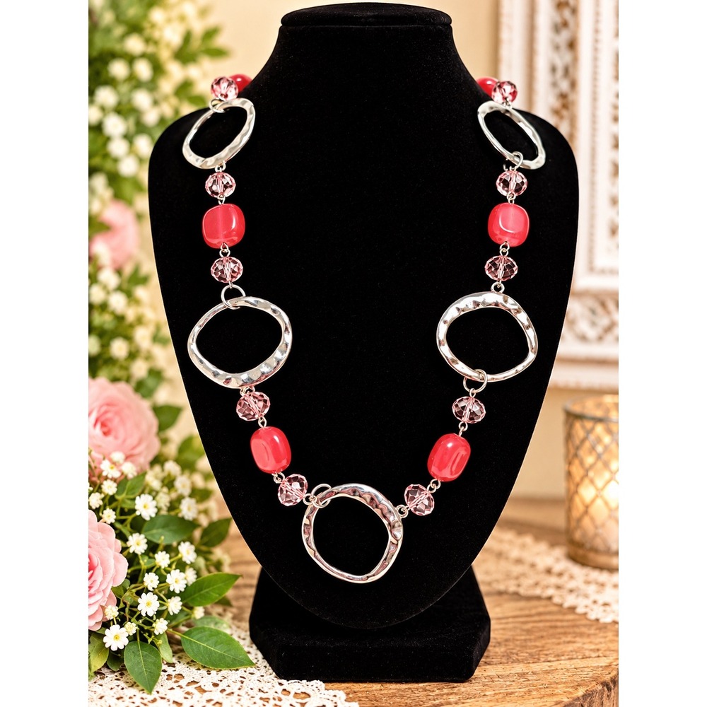 Chunky Red Pink Bead Hammered Silver Tone Ring Statement Necklace 36 Inch